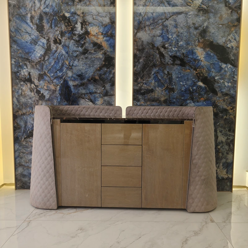 Natural Wood Veneer Sideboard with Dark Marble Top, Quilted Curved Side Panels, Four Drawers and Dual Cabinets
